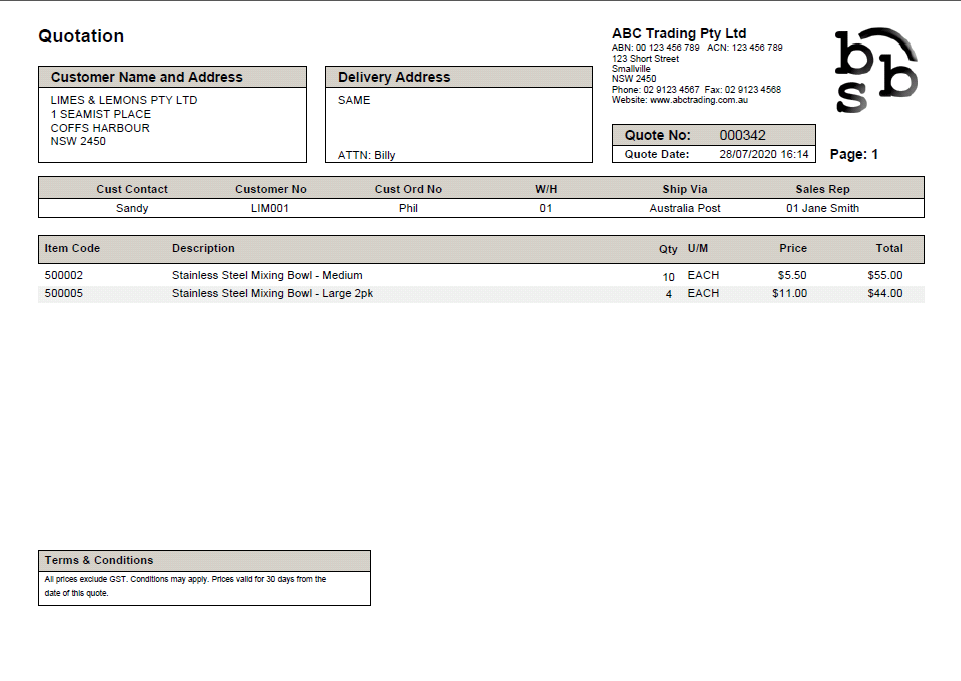 Print quotation totals box unticked - Example