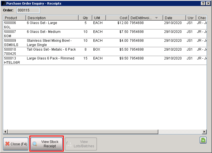 Purchase Order Enquiry - Receipts Screen Purchase Order Enquiry - Receipts Screen