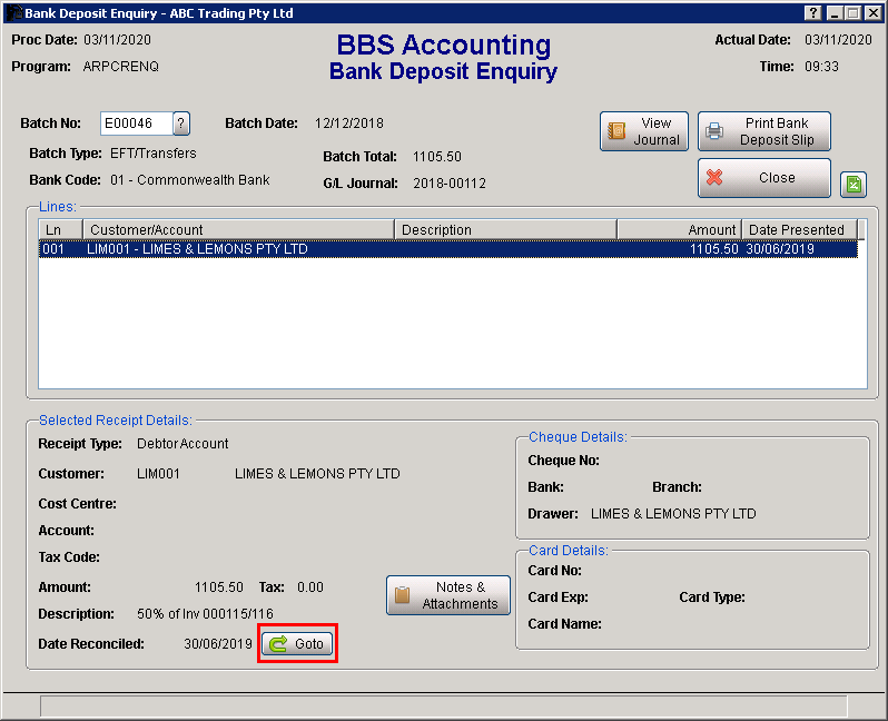 Bank Deposit Enquiry Screen Bank Deposit Enquiry Screen