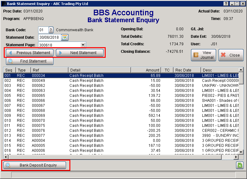 Bank Statement Enquiry Screen