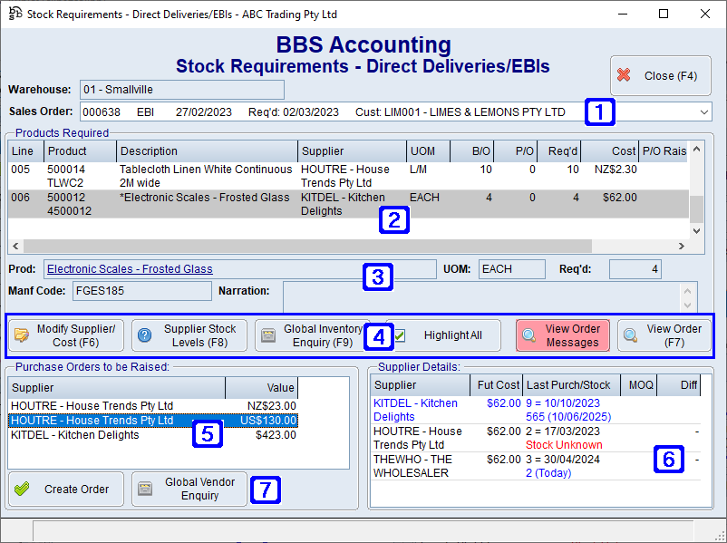 Stock Requirements - Direct Deliveries/EBIs Screen