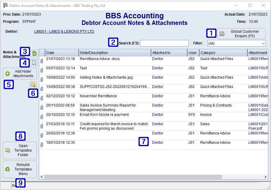 Debtor Account Notes & Attachments Screen Debtor Account Notes & Attachments Screen