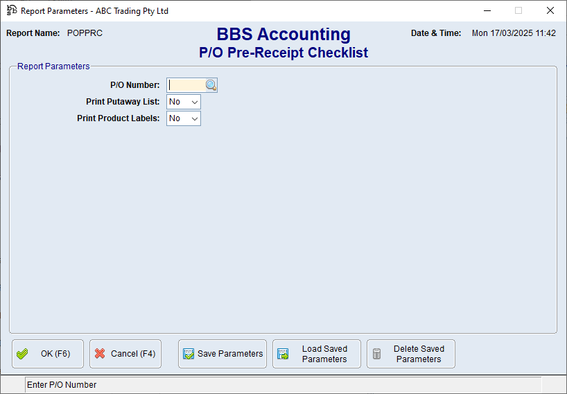 P/O Pre-Receipt Checklist Screen