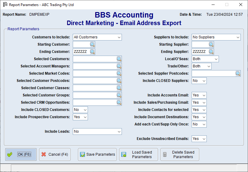 Direct Marketing - Email Address Export Screen