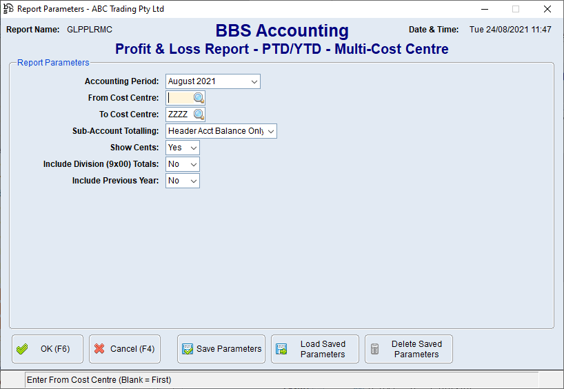 Profit & Loss Report - PTD/YTD - Multi-Cost Centre Screen Profit & Loss Report - PTD/YTD - Multi-Cost Centre Screen