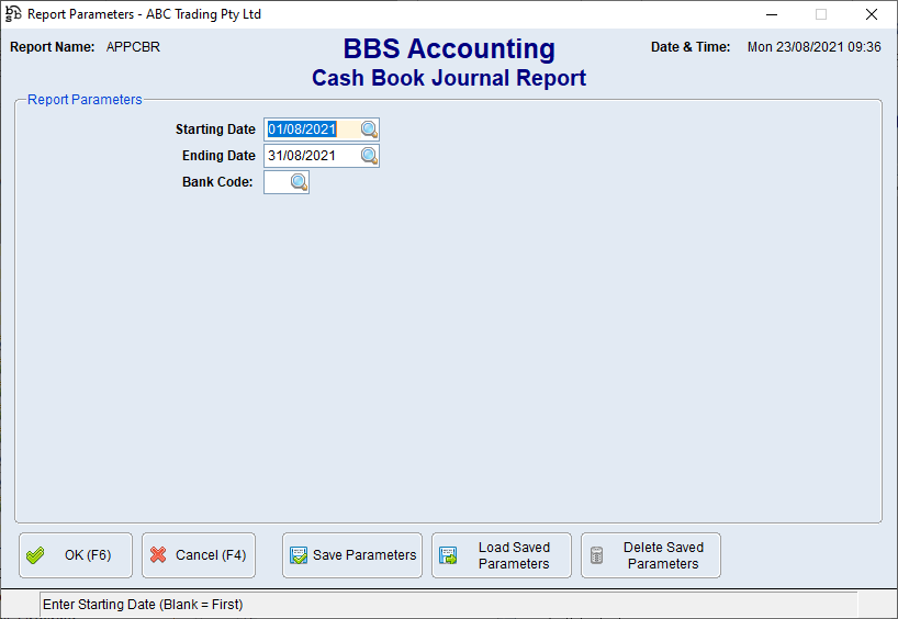 Cash Book Journal Report Screen