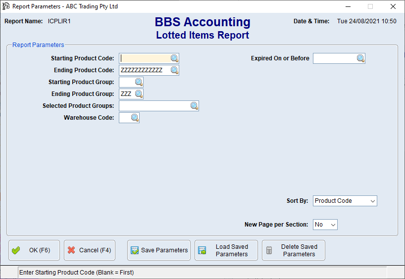 Lotted Items Report Screen