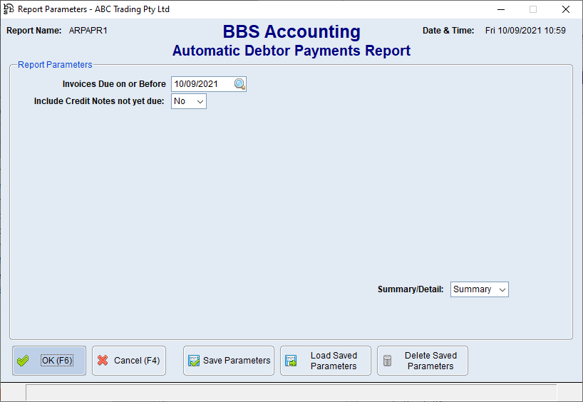 Automatic Debtor Payments Report Screen