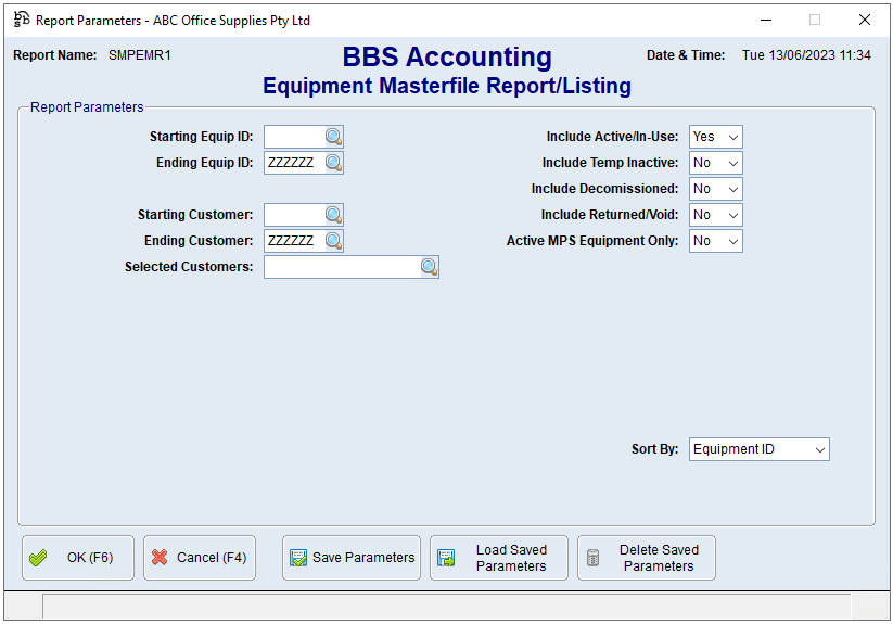 Equipment Masterfile Report/Listing Screen Equipment Masterfile Report/Listing Screen