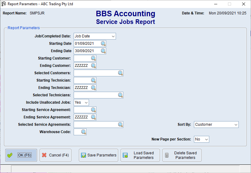 Service Jobs Report Screen