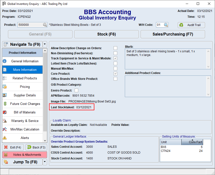 Global Inventory Enquiry Screen