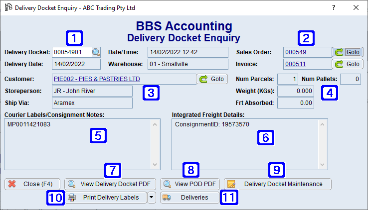 Delivery Docket Enquiry Screen