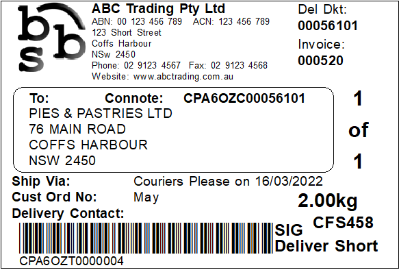 Example of Couriers Please Despatch Label Example of Couriers Please Despatch Label