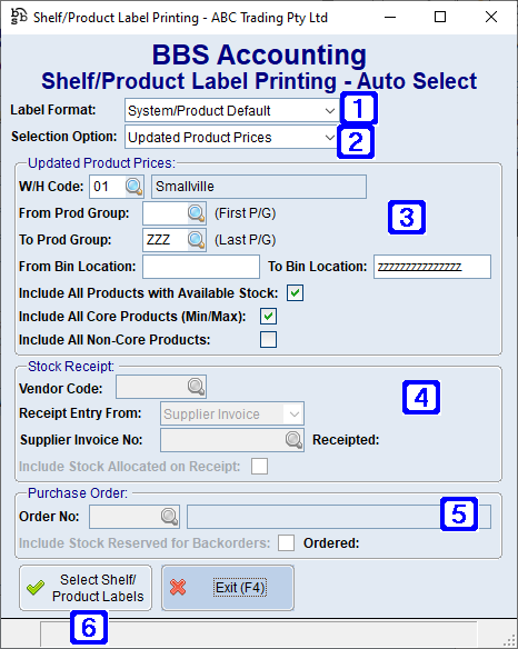 Shelf/Product Label Printing - Auto Select Screen