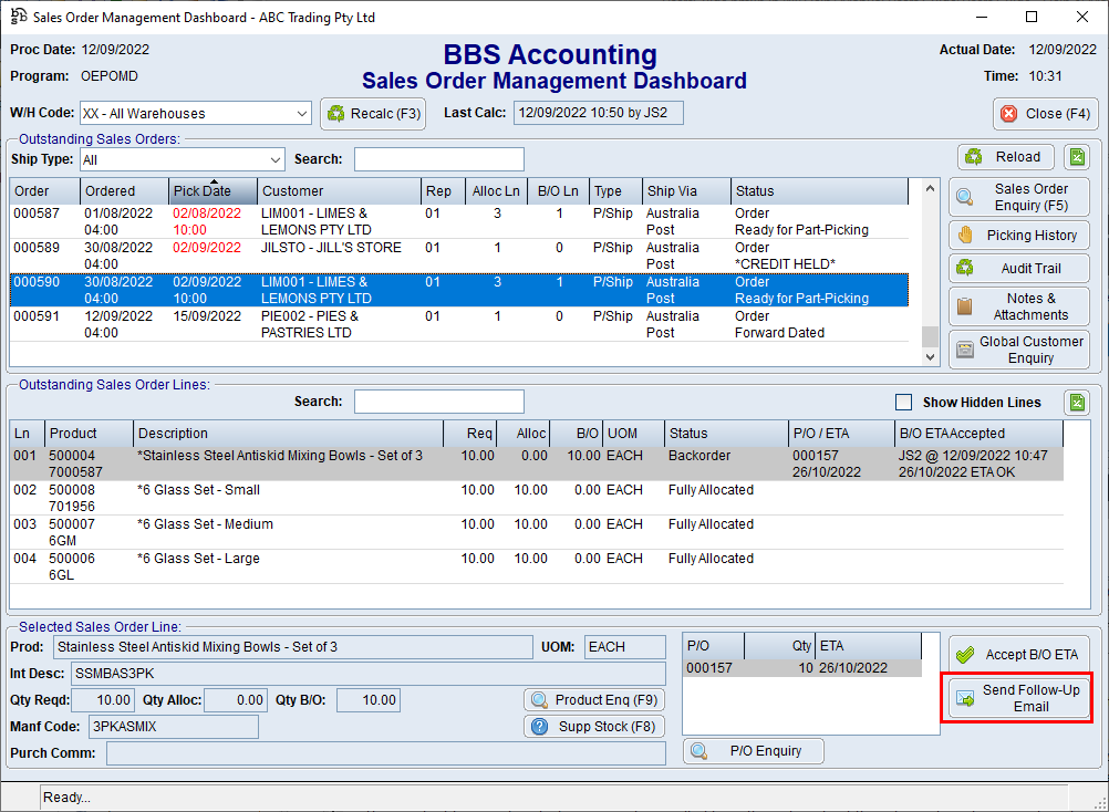 Sales Order Management Dashboard Screen