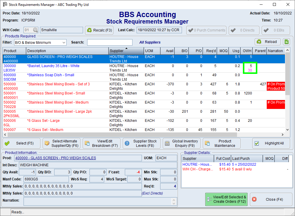 Stock Requirements Manager Screen