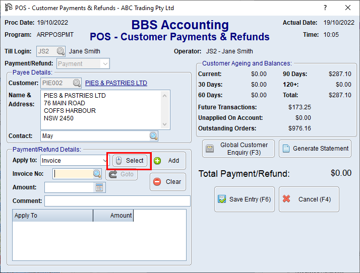 POS - Customer Payments & Refunds Screen