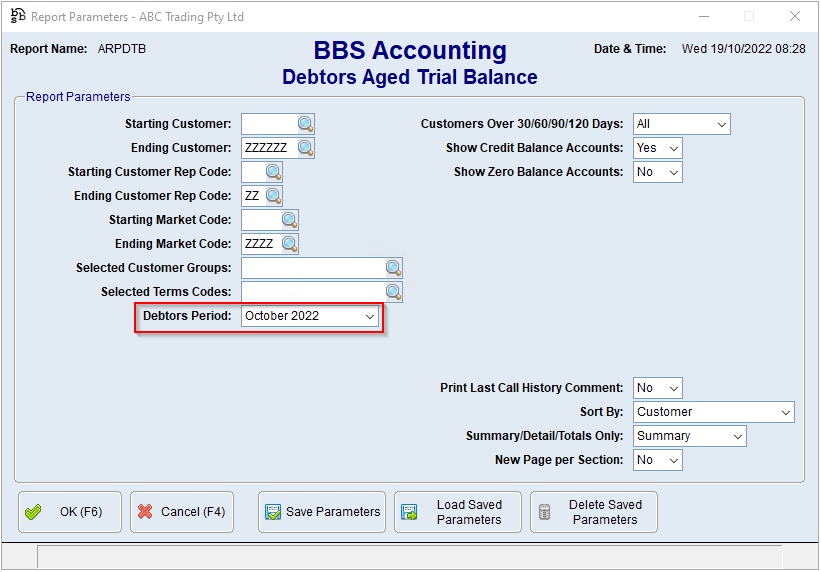 Debtors Aged Trial Balance Screen