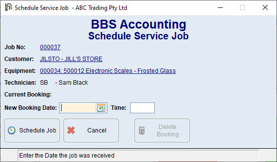 Schedule Service Job Screen