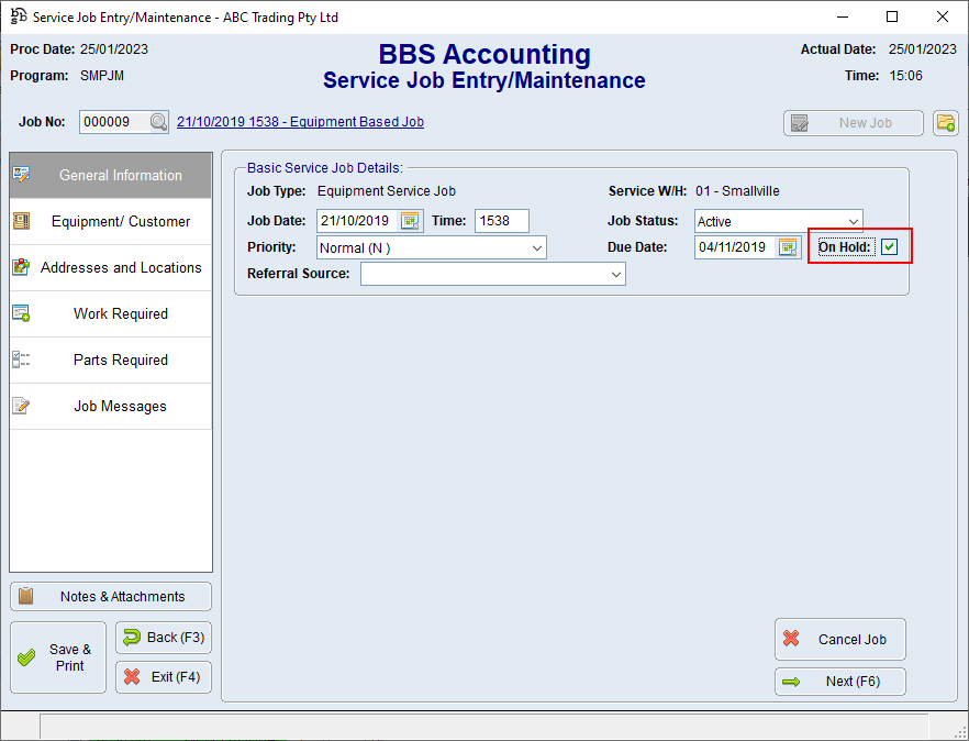Service Job Entry/Maintenance General Information Tab Screen