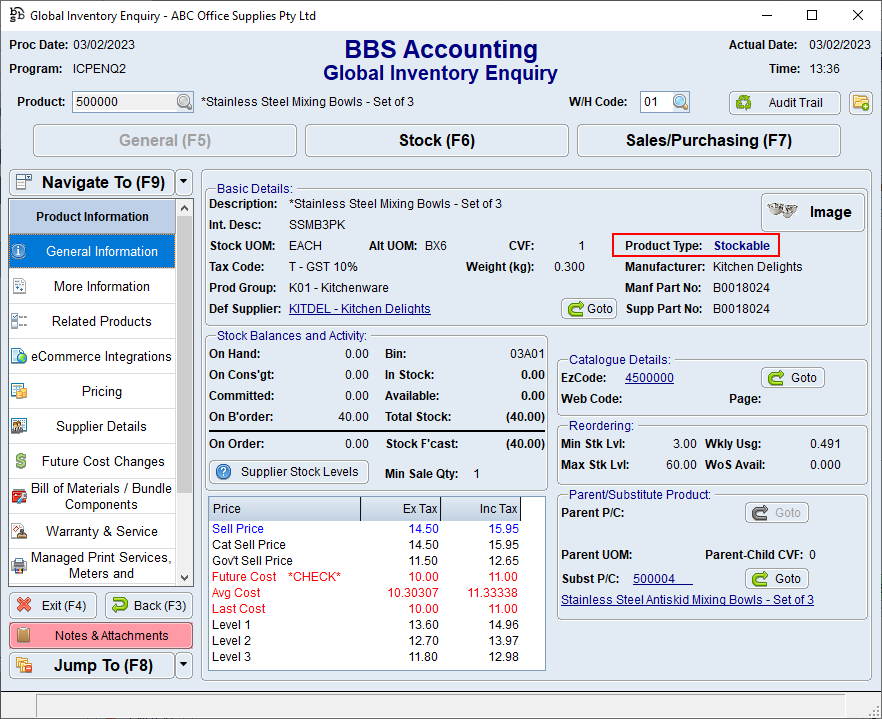 Global Inventory Enquiry - General Information Tab Screen Global Inventory Enquiry - General Information Tab Screen