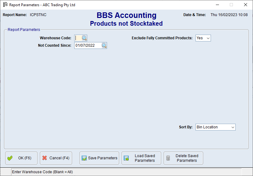 Products not Stocktaked Report Screen