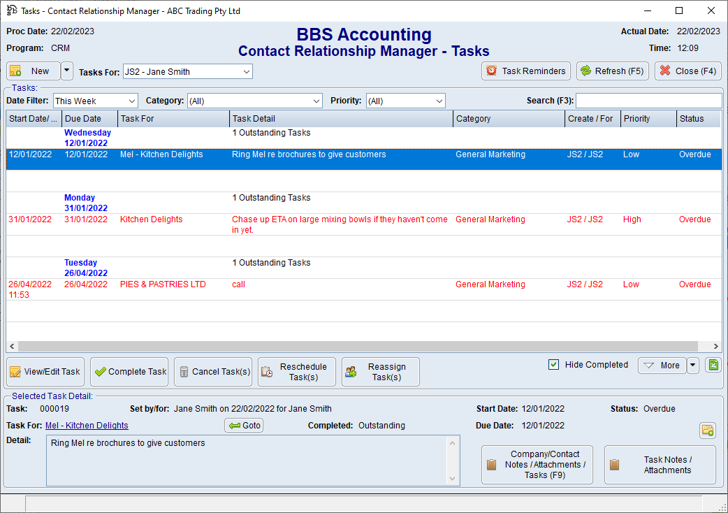Contact Relationship Manager - Tasks Screen