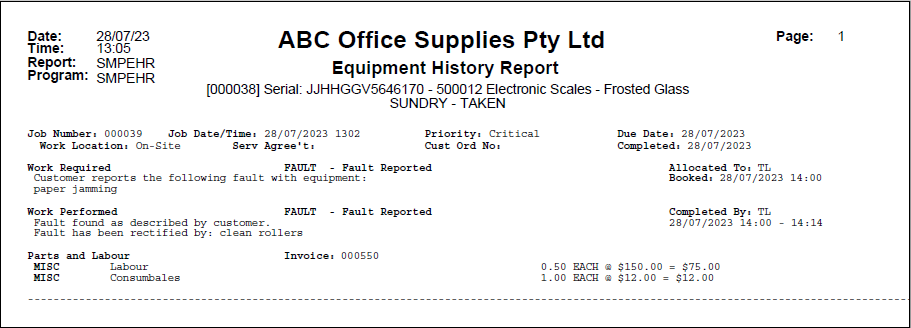 Example of Equipment History Report Example of Equipment History Report