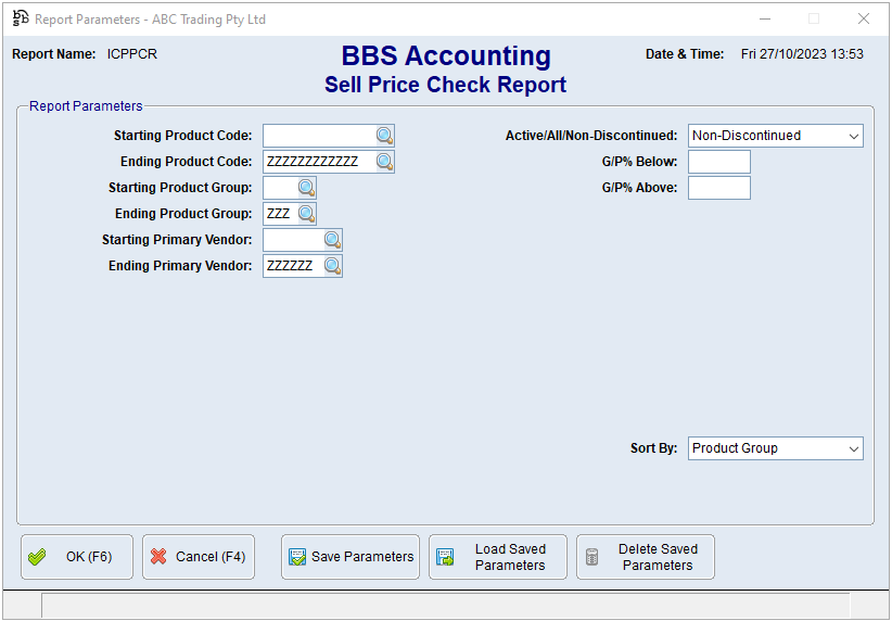 Sell Price Check Report Screen Sell Price Check Report Screen