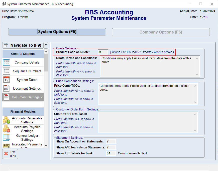 System Parameter Maintenance - Document Settings 2 Screen