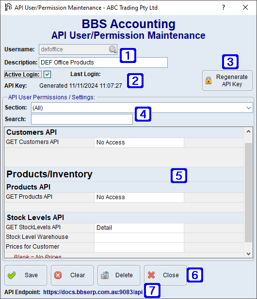 API User/Permission Maintenance Screen 