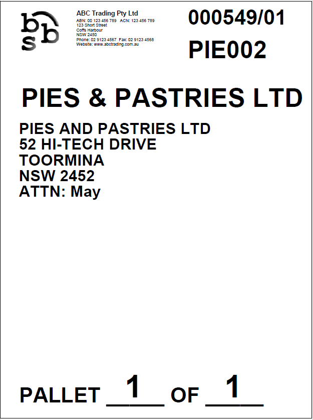 Example of Pallet Label Example of Pallet Label