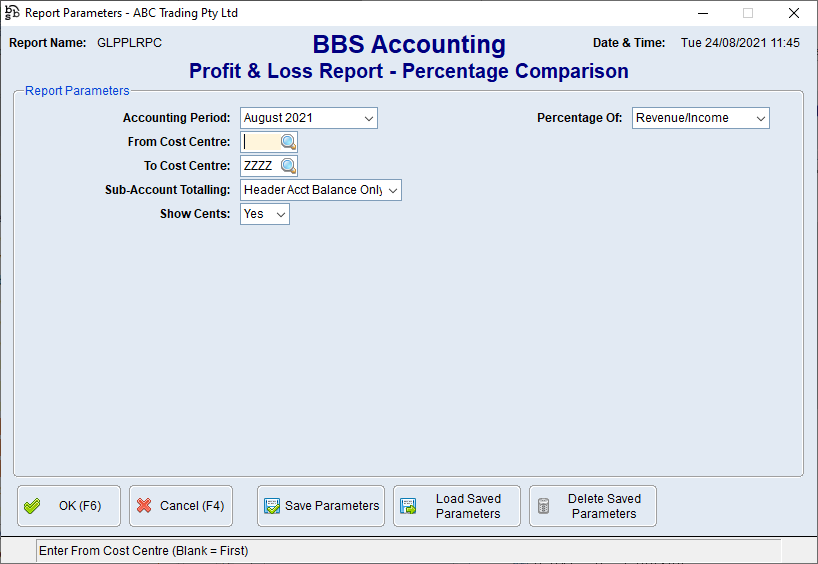 Profit & Loss - Percentage Comparison Report Screen