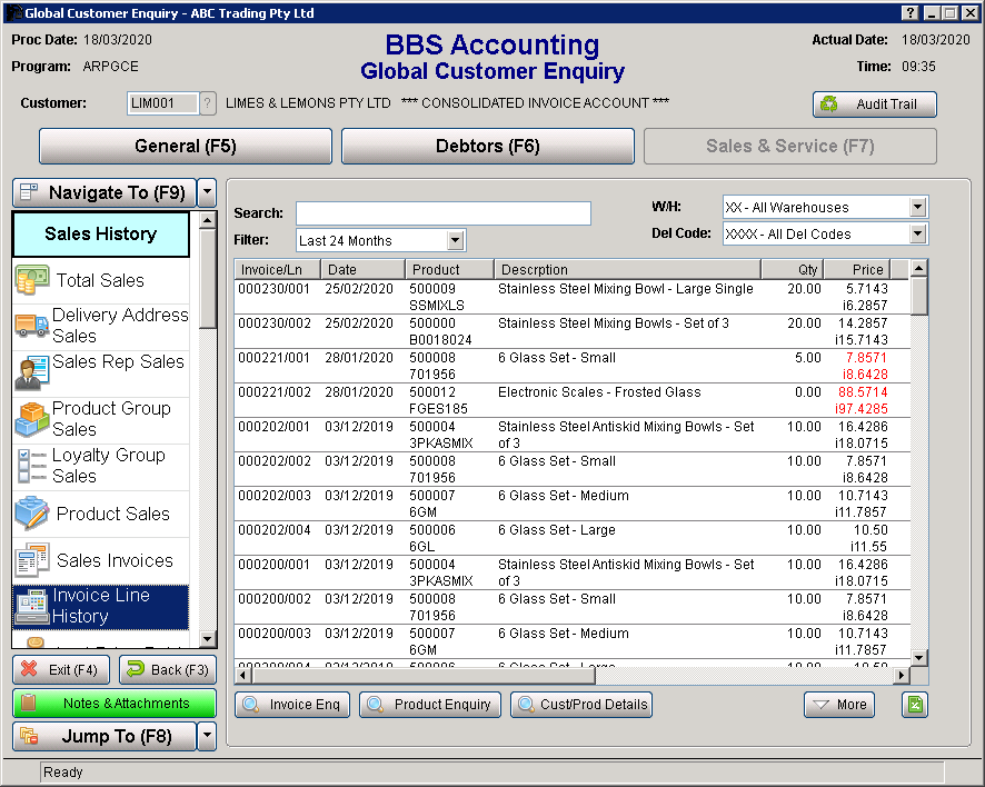 Invoice History Line List Boxes