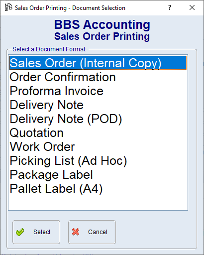 Sales Order Printing Screen