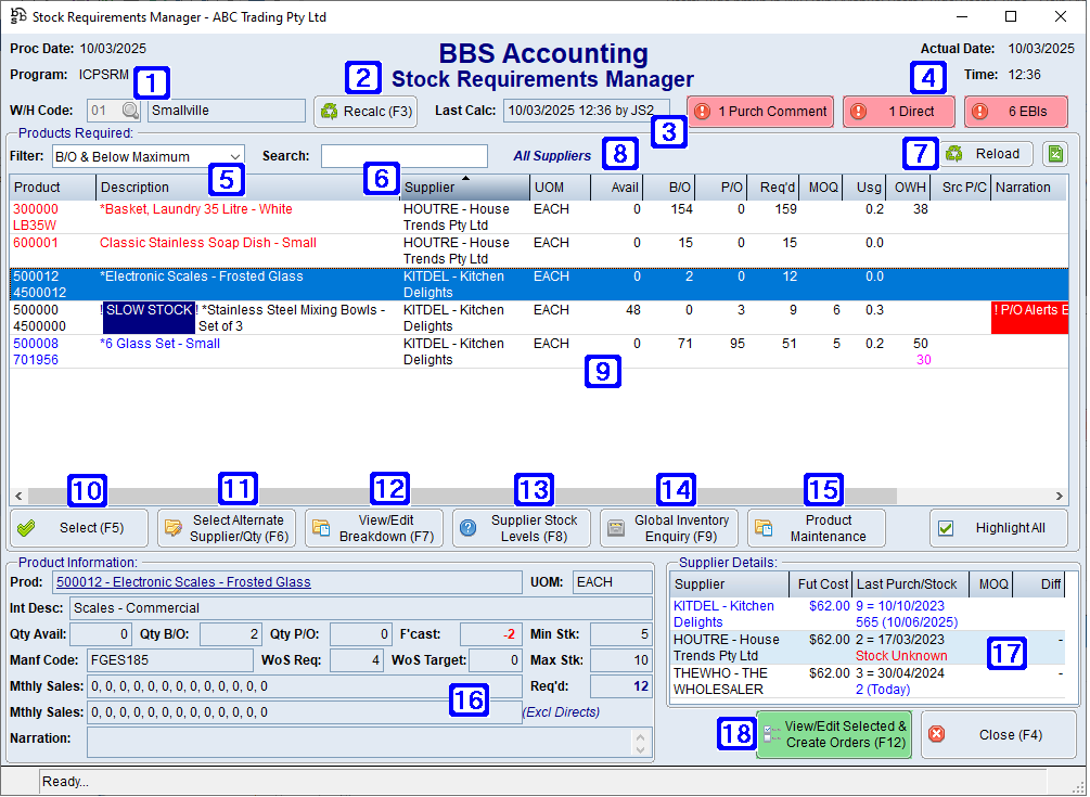 Stock Requirements Manager Screen
